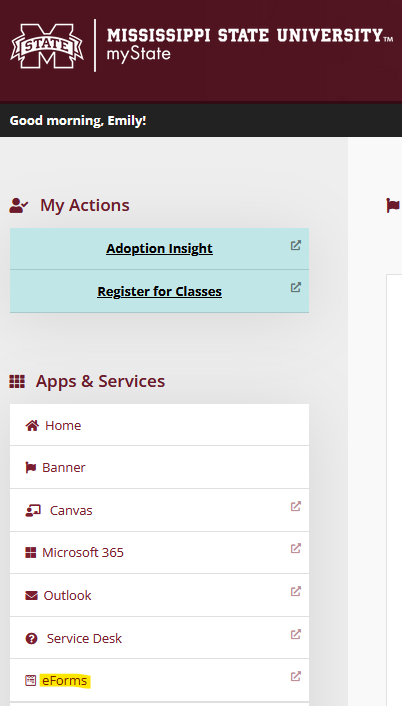 Graphic showing the "eForms" button in the myState portal.