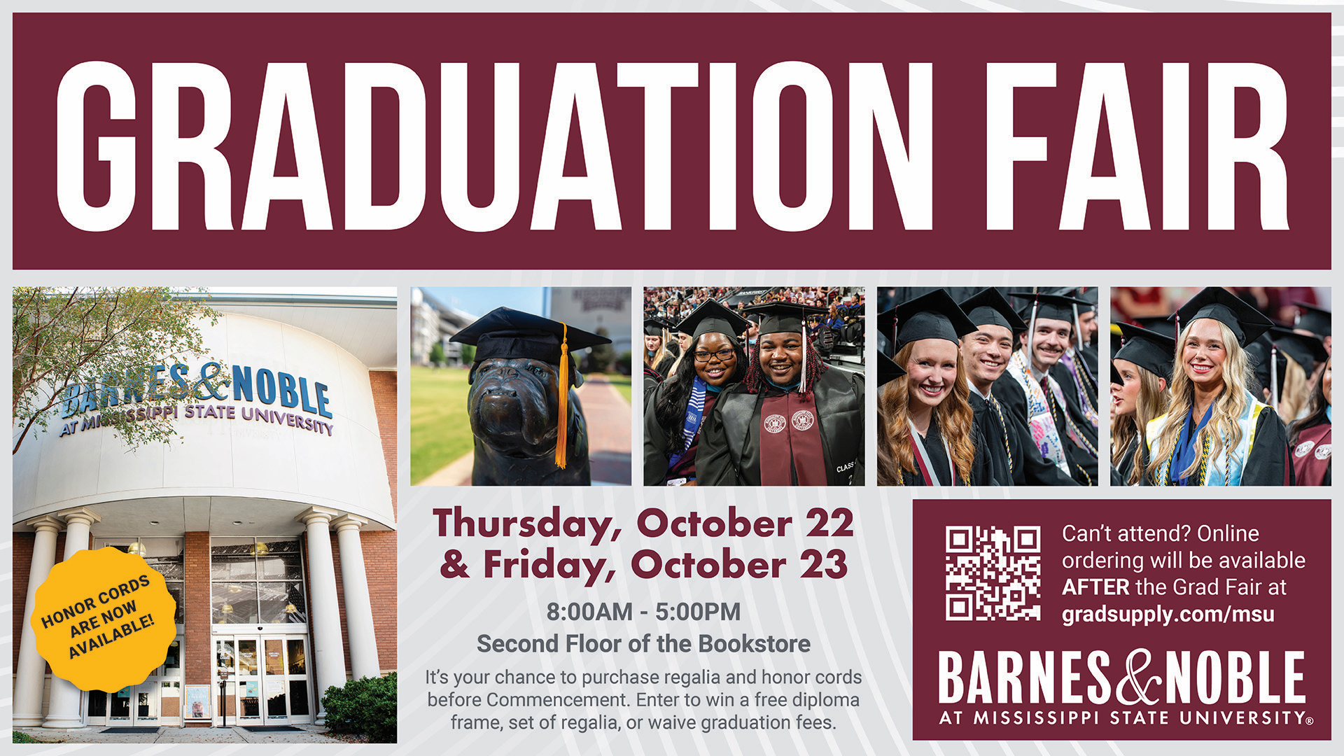 Graphic for the fall 2026 graduation fair at Barnes & Noble on October 22-23 from 8am-5pm both days. 
