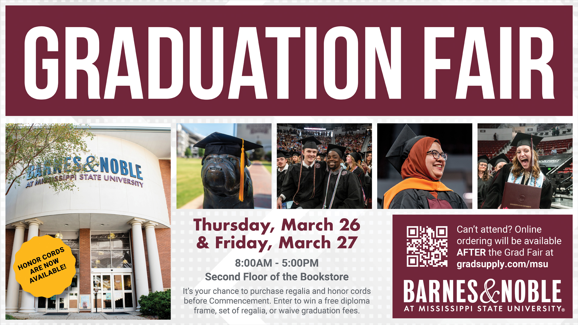 Image showing the spring 2026 grad fair dates of March 26-27, 2026 at Barnes & Noble at MSU.